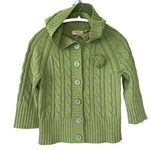 Vintage Women Large Cableknit Cardigan 3/4 Sleeve Rosette Hooded Y2K Retro Grand